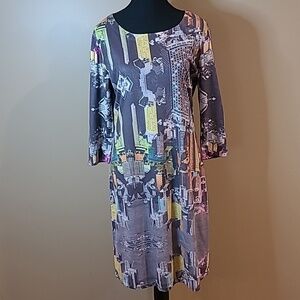CUSTO BARCELONA Metropolitan City Buildings Dress, Colorful, 3/4 Sleeve, Size 4